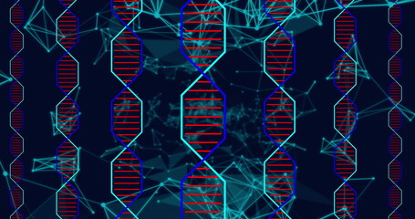 Poster - Image of moving shapes and dna strands on black background