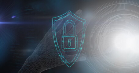 Poster - Image of light trails over padlock and digital hand on black background
