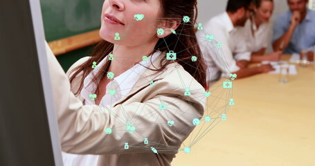 Poster - Globe of digital icons over portrait of caucasian woman writing on whiteboard at office