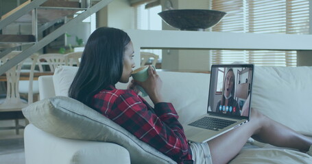 Poster - Image of digital screens with diverse data over biracial woman having image call on laptop