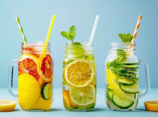 Wall Mural - Photo shows three mason jars filled with various fruit and vegetable slices, such as strawberries, blueberries, cucumber and lemon.