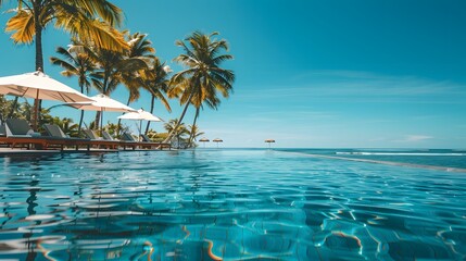 Wall Mural - A stunning infinity pool at an all-inclusive resort,  blue sea and palm trees swaying in the breeze. The luxurious lounge chairs under umbrellas for guests to relax and enjoy their vacation. 