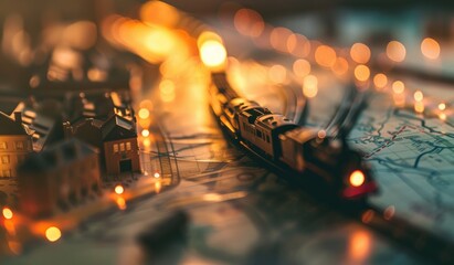 Sticker - toy train on a map travelling, close up shot, scenic, created with ai