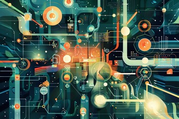 Poster - A digital illustration featuring a colorful abstract background filled with various sized circles and intersecting lines. Generative AI