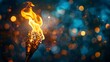 A torch with a burning flame against a blurred background of abstract lights and bokeh. Background for the olympic games or sports events, text space. 