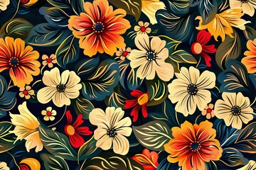 Poster - A dynamic floral pattern featuring a multitude of bright colors in an abstract, traditional design. Generative AI