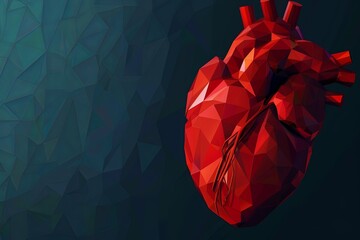 Poster - Abstract low polygonal rendering of a red human heart, showcasing heart anatomy and healthcare concepts. Generative AI
