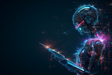 Poster - A futuristic woman holding a laptop in her hands, showcasing modern technology integration. Generative AI