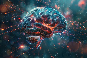 Poster - A digital artwork illustrating a complex human brain with intricate connections and structures. Generative AI