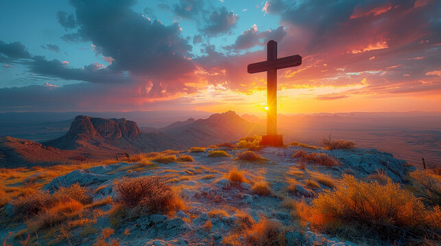 a cross in a desert with colorful sunset in the background