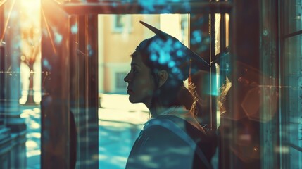 Sticker - Double exposure of a graduate and an open door suggesting opportunities ahead