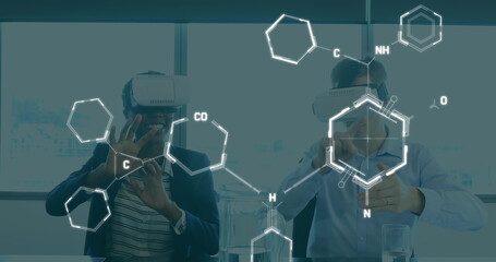 Poster - Image of chemical formulas over two diverse people using vr headsets
