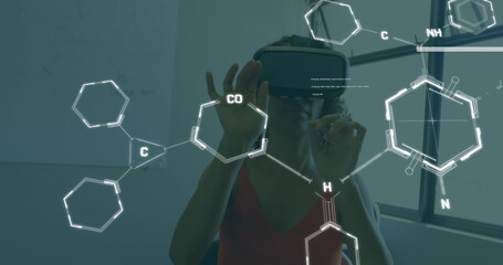 Poster - Image of chemical formula over african american woman using vr headset