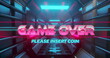 Image of game over text in pink metallic letters over tunnel with blue neon lights