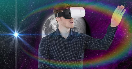 Poster - Image of moon and space over caucasian man using vr headset