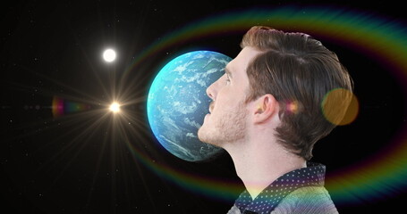 Poster - Image of moon and space over caucasian man