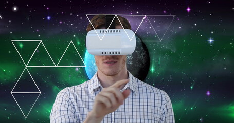 Poster - Image of shapes and moon over caucasian man using vr headset