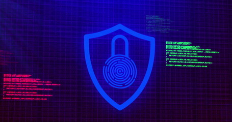 Wall Mural - Image of security fingerprint and data processing over dark background