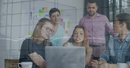 Poster - Image of people walking and data processing over diverse business people working at office