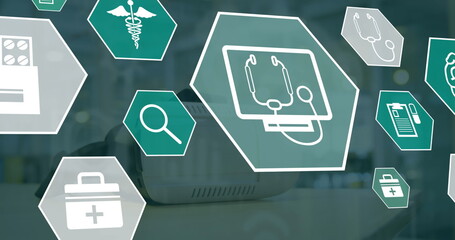 Poster - Image of medical icons over vr headset