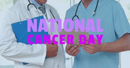 Sticker - Image of national cancer day text over diverse doctors