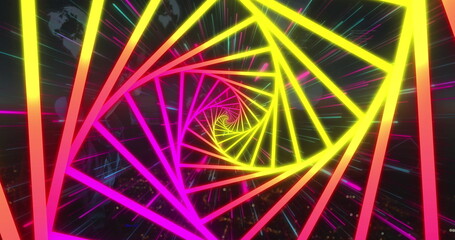 Poster - Image of neon shapes over data processing and light trails on black background