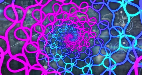 Poster - Image of neon shapes with network of connections over sky with clouds