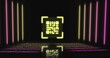 Image of qr code in viewfinder and multicolored lines against black background