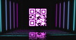 Image of neon qr code scanner flickering against black background