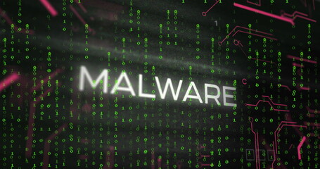 Poster - Image of malware text and binary coding processing over computer motherboard