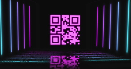 Poster - Image of gr code and neon lines in black space
