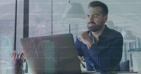 Poster - Image of multiple graphs over thoughtful caucasian businessman working over laptop at office