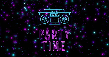 Wall Mural - Image of party time text and radio icon over flashing blue and purple lights