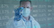 Image of financial data processing and male doctor in face mask holding vaccine