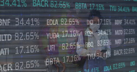 Poster - Image of financial data processing over woman wearing face mask