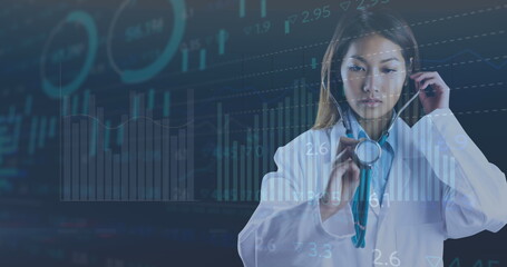Poster - image of statistics and data processing over female doctor