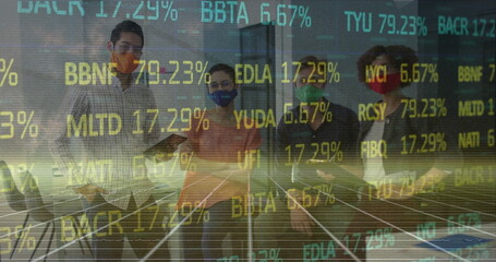 Poster - Image of financial data processing over business people wearing face masks working in office
