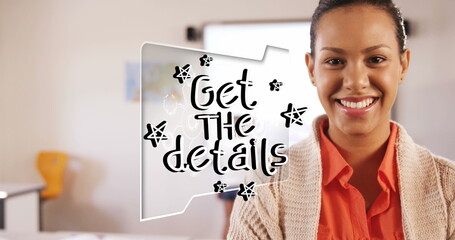 Poster - Image of get the details text over diverse schoolchildren with teacher