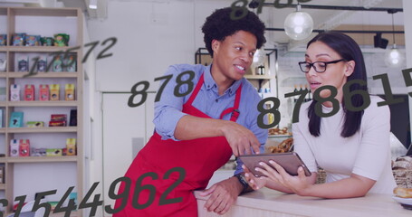 Poster - Image of numbers and data processing over diverse people using tablet in shop