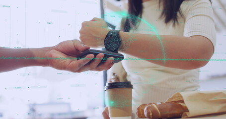 Poster - Image of financial data processing over woman paying with smartphone