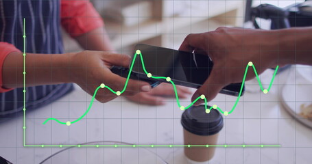 Poster - Image of financial data processing over man paying with smartphone