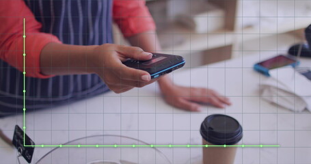 Poster - Image of financial data processing over man paying with smartphone