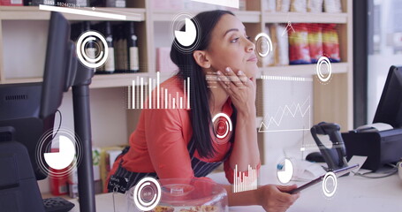 Poster - Image of icons and data processing over woman with tablet in shop