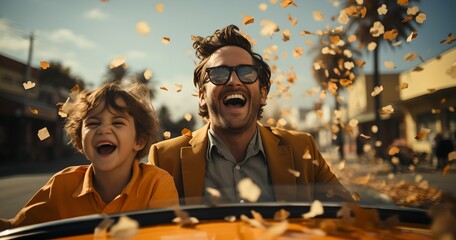 Wall Mural - a man and a child are laughing while they are in a car