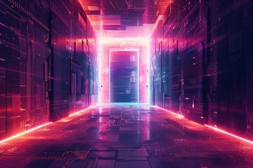 Poster - A hallway with neon lights in a data center, showcasing a futuristic and high-tech environment. Generative AI