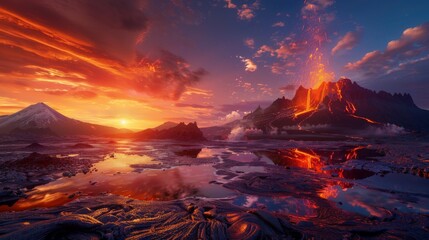 Wall Mural - A captivating image of the Alitli-Hr??tur volcano erupting at dusk, with fiery lava fountains lighting up the horizon, painting the sky in vibrant shades of orange and red