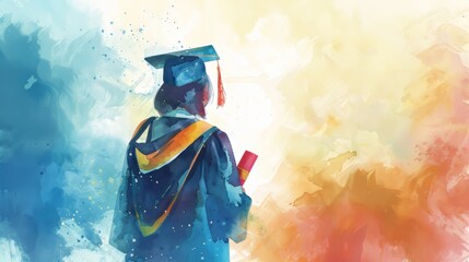 Dreamy watercolor illustration of a graduate holding a diploma proudly