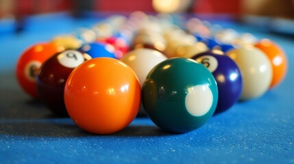 a pool table with a row of pool balls lined up on it