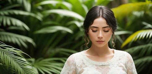 Poster - a woman with her eyes closed standing in front of a jungle of green plants and palm trees