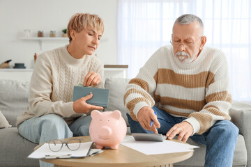 Poster - Mature couple with calculator counting money at home